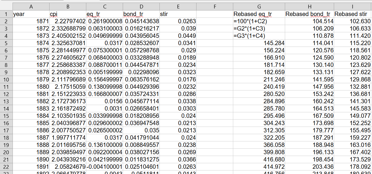 Excel formula calculating yearly returns in new format
